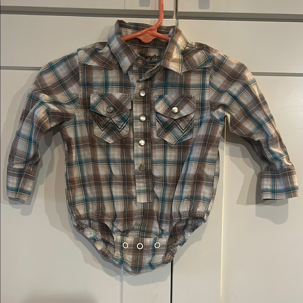 Wrangler Boys Plaid Button-Down One-Piece Shirt in Brown and Teal